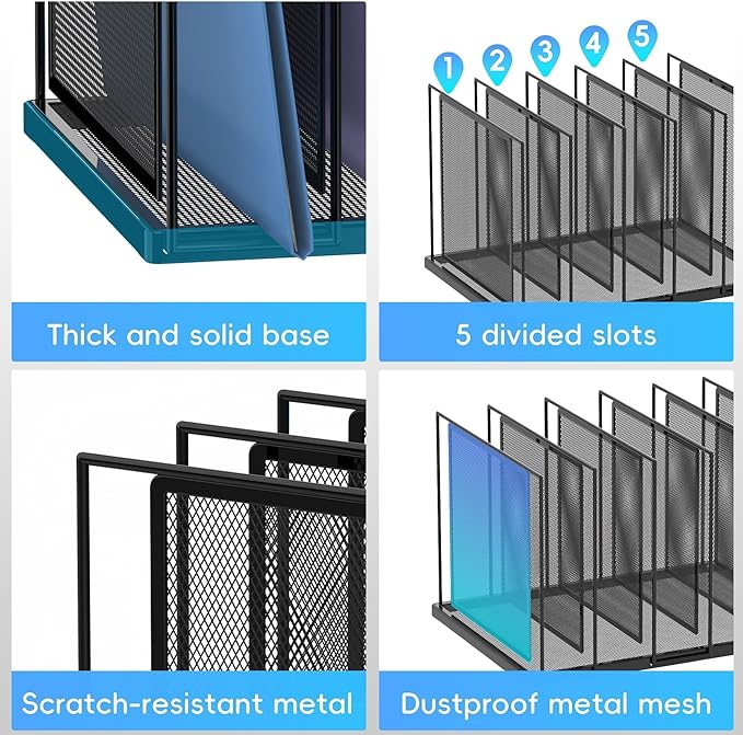 File Organizer for Desk, 5-Section Vertical File Sorter, Paper Holder Organizer Standing Metal File Folder for Office Home Classroom, Black