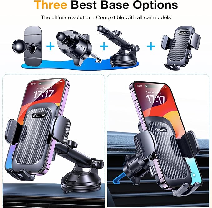 Romuto Car Phone Holder Mount【2025 Strongest Suction】 Phone Mount for Car Cell Phone Holders for Your Car Accessories for Women Men Dash Windshield Vent Truck Stand for iPhone Samsung Camera Mounts
