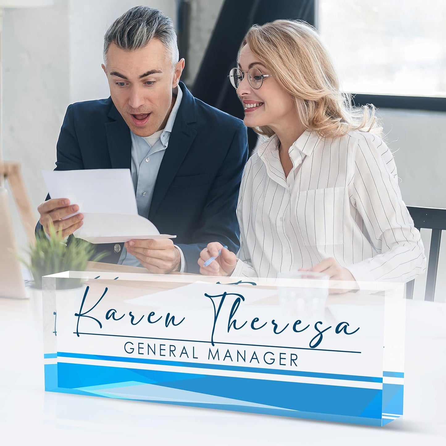 Custom Office Name Plate, Personalized Gifts for Women & Men, Appreciation Gifts for Employees, Minimalist Blue Desk Accessory