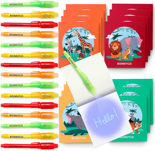 Invisible Ink Pen and Notebook Pack of 16 - BONNYCO | Safari Party Favors for Kids | Spy Pen Jungle Party Favors, Animal Prizes for Kids | Magic Pen Jungle Theme Party Supplies, Prizes for Students