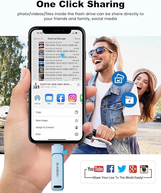 MFi Certified 512GB Flash Drive for iPhone Photo Stick, USB Memory Stick iPhone Flash Drive for Photos Videos, High Speed External Storage USB Stick Thumb Drive for iPhone/iPad/Android/PC(Sky Blue)
