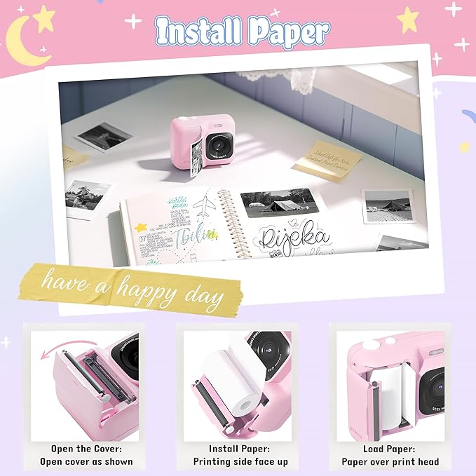 Kids Camera, 1080P Instant Digital Print Camera for Kids, Christmas Birthday Gifts for 4 5 6 7 8 9 10 Year Old Girls Boys, Portable Toy with 32GB SD Card & 3 Rolls Printing Paper, 1 Count, Pink