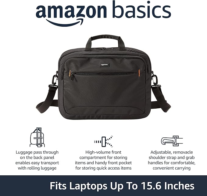 Amazon Basics Laptop Carrying Case with Shoulder Strap and Handle, Large Capacity, 15.6 in, Black