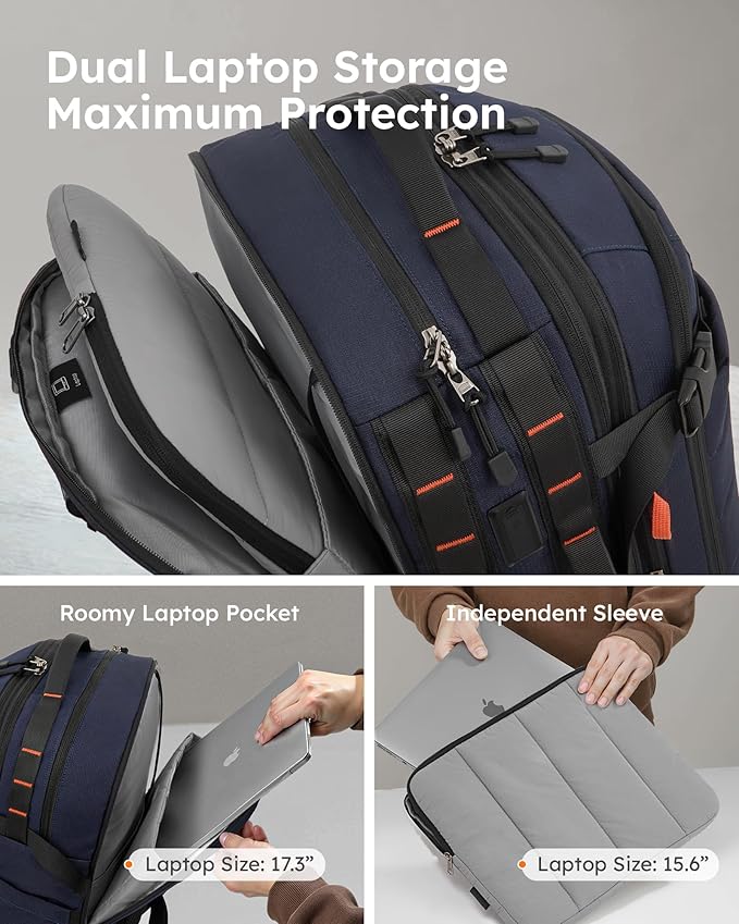 Tolaccea Carry on Travel Backpack, TSA Friendly Flight Approved Laptop Backpack Duffle Bag for Men Women with Dual Laptop Storage for 17.3", Expandable Business Rucksack 40L-50L Large - Blue