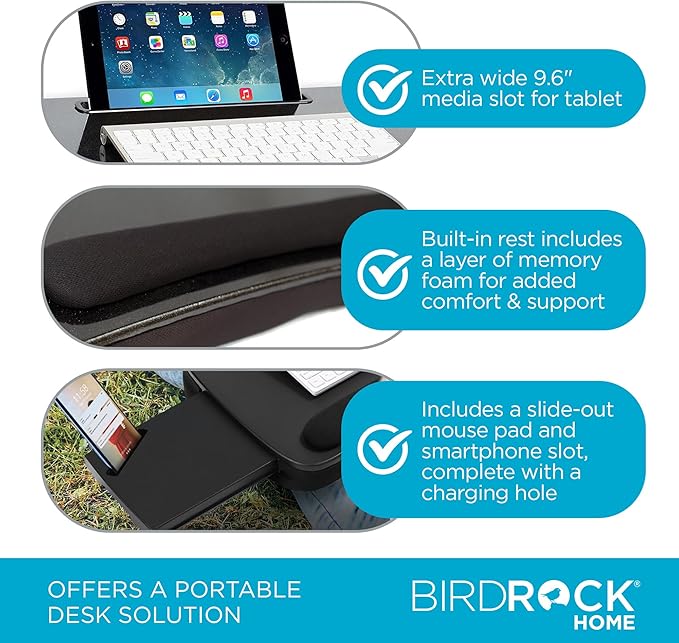 SOFIA + SAM Multi-Tasking Lap Desk with Memory Foam Cushion & Wrist Rest - Portable Computer Bed Tray - Fits Laptops Up to 15", Tablets Up to 9.6", Smartphones Up to 3.5" - Black Top