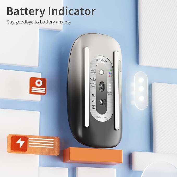 TENMOS M18 Bluetooth Mouse, USB C Rechargeable Wireless Mouse, Triple Mode (Dual Bluetooth+USB) Silent Mice Portable with USB Receiver and Type C Adapter for Laptop/MacBook/iPad - Grey and Black