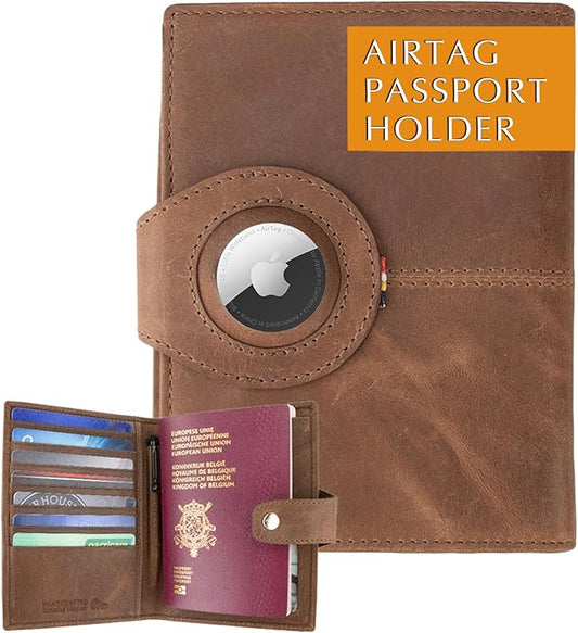 GARZINI Passport Holder with AirTag, Passport Wallet with RFID, Travel Accessories, Travel Document Holder with ID Window, Leather Passport Holder for 7 Cards, Brushed Brown