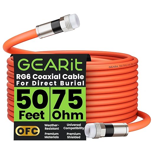 GEARit Coaxial Cable for Direct Burial (50ft) RG6 70 Ohm RF Rubber Boot Waterproof Underground in-Wall with Rubber Boot, High-Speed Internet, Broadband, Digital TV Aerial, Satellite Cable 50 Feet