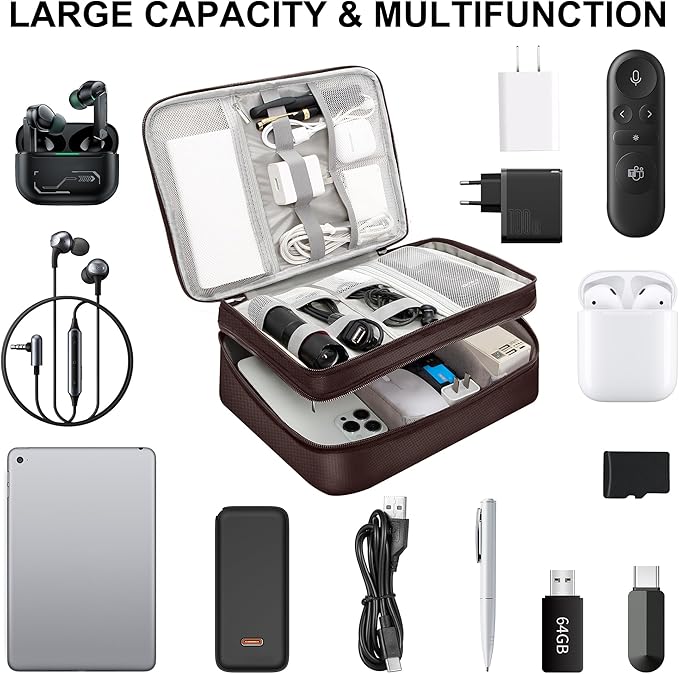 CILLA Electronic Organizer Travel Case, Travel Cord Organizer Case Portable Waterproof Cable Organizer Bag for Charger, Cord, USB, Power Bank, Earphone, 9817, Coffee