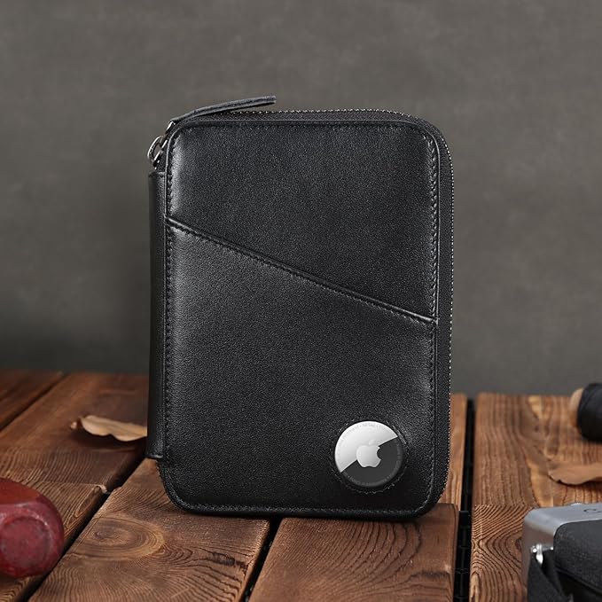 Polare Full Grain Leather Travel Passport Wallet RFID Blocking Passport Holder Soft Bifold Cover Case with YKK Zipper (Black with AirTag Slot)