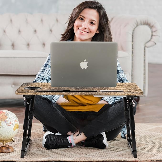 Laptop Desk for Bed Height Adjustable, Lap Bed Table with USB/Storage Drawer/Cup Holder/Tablet Stand/Book Shelf, Foldable Breakfast Tray Portable for Reading Writing, Sofa & Floor, Carbonized