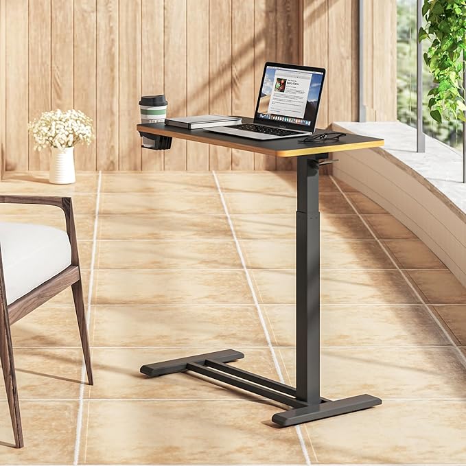 SANODESK Medical Adjustable Overbed Bedside Table with Hidden Casters, Pneumatic Mobile Laptop Computer Standing Desk Cart with Tray, Hospital and Home Use(27.6" W x 15.7" D, Black)