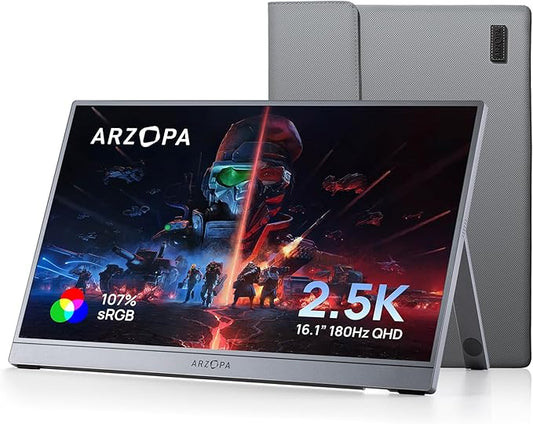 ARZOPA 16.1'' 180Hz 2.5K Portable Monitor, 2560x1440 QHD 107% sRGB Kickstand Portable Gaming Monitor with HDR, Ultra Slim, Eye Care, External Second Screen for Laptop, PC, PS5, Mac, Xbox-Z3FC