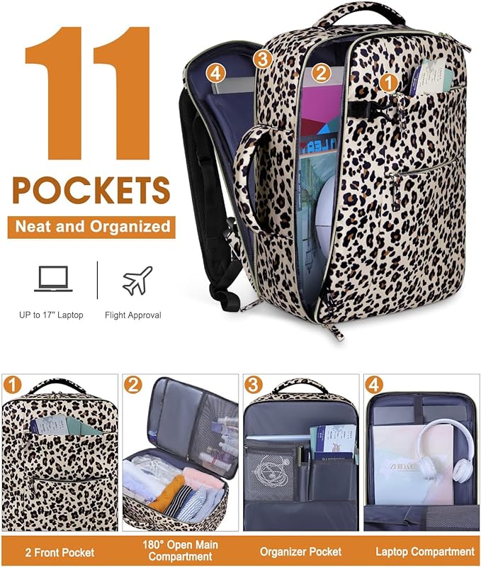 Capolo Travel Backpack for Women Men Waterproof Laptop Backpack Airlines Approved Carry On Backpack Bag Computer Bookbag for Business, Work, Traveling Fits 17 Inch Laptop(Leopard)
