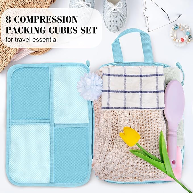 8 Set Compression Packing Cubes for Travel, Expandable Waterproof Travel Organizer, Lightweight Luggage Organizer with Shoes & Laundry Bags, Travel Accessories for Men Women, Light Blue