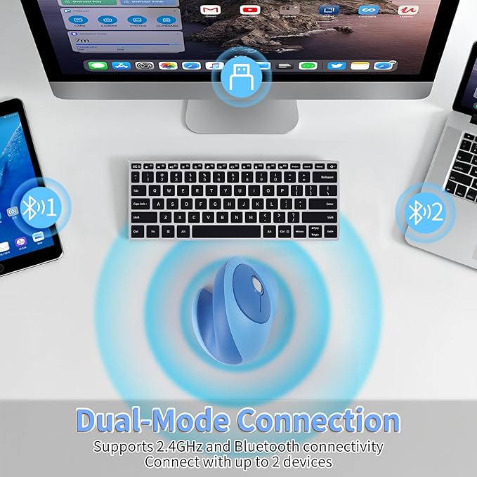 Wireless Mouse Ergonomic Vertical Mouse with Bluetooth & 2.4GHz USB Receiver 3 Buttons Rechargeable Silent Portable Optical USB Cordless Mice for Laptop PC Desktop Tablet Kids Adults Gifts (Blue)