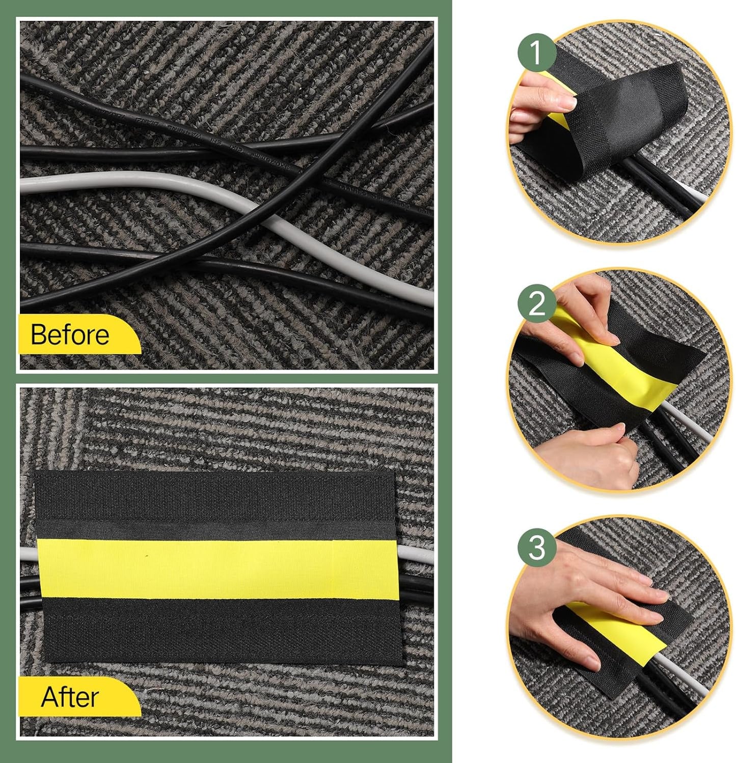 WILLBOND Grip Floor Cable Cover Cords Protector Management Only for Commercial Office Carpet(9.84 ft,Black and Yellow)