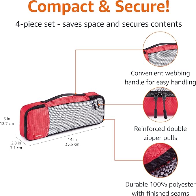 Amazon Essentials 4-Piece Packing Cubes Travel Accessories Set, Luggage Organizer with Double Zipper, Mesh Top, 100% Polyester, Slim, Red (Previously Amazon Basics)