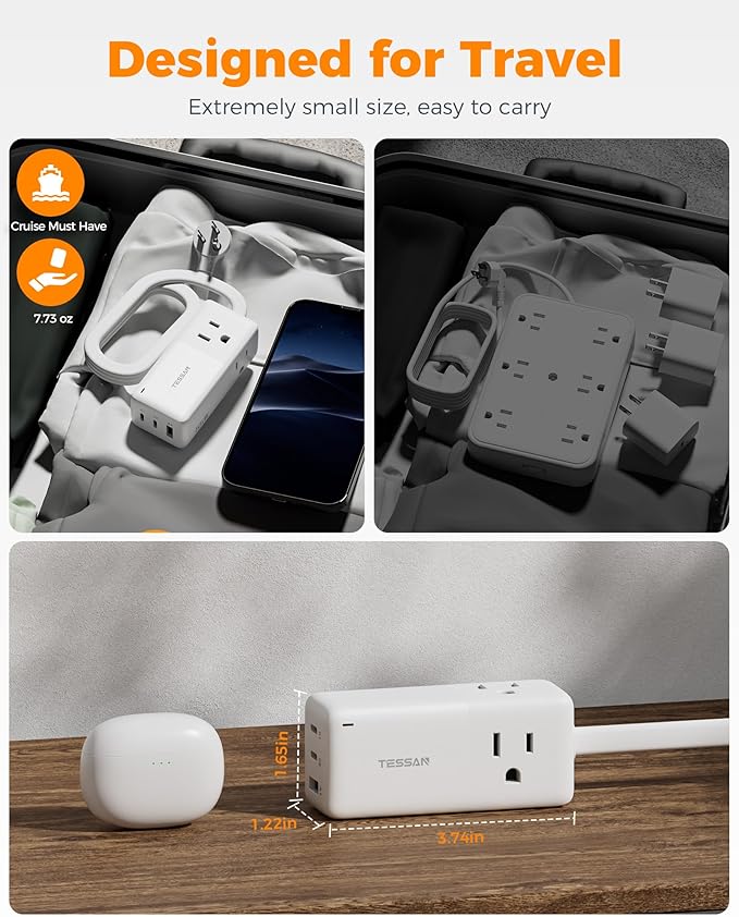 TESSAN USB Charging Station PD 65W, USB C Charger Blocks with 3 AC Outlets, Desktop Phone Fast Charger with Flat Plug for Phone Tablet Laptop, Travel, Office