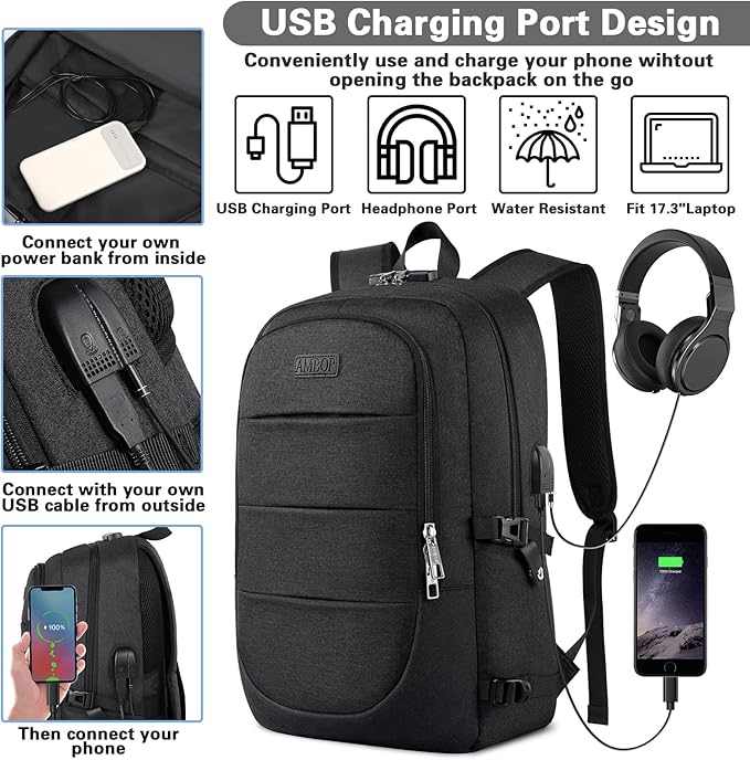 AMBOR Travel Laptop Backpack for Ｍen, 15.6-17.3 inch Laptop Backpack for School, Anti Theft Business Work Backpack with USB Charging Port, Water Resistant College Computer Bag for Men & Women, Black