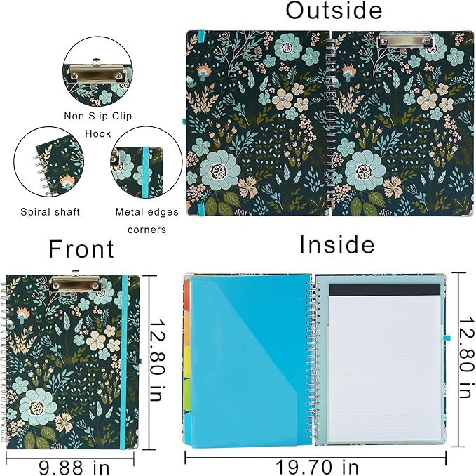 Clipboard Folio Spiral Folder Board,5 Extra Folders with 10 Storage Pockets,Refillable Lined Fillable Notepad,Folded Clipboard with Storage,Suitable for Office,School and Student (Green Flowers)