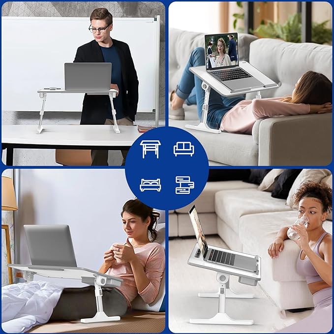 Besign LT05 Adjustable Laptop Table, Lap Desk, Portable Standing Bed Desk, Foldable Sofa Breakfast Tray, Notebook Computer Stand for Reading and Writing, Medium Size, White