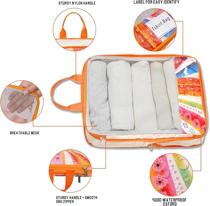 Compression Packing Cubes for Travel, 7 Set Natural Life Expandable Mesh Luggage Organizers, Waterproof Expandable/Compression Bags Bohemia Travel Packing Cubes with Clear Toiletry Bag
