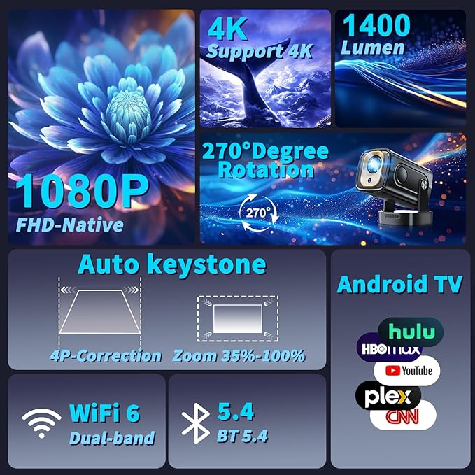 【Built-in Apps】Mini Projector 1080P with WiFi 6 and Bluetooth 5.4, 4K Full HD Projector Features Auto Focus & Keystone, Portable Projector Support 270° Rotatable, Compatible with Phone/HDMI/USB-Black