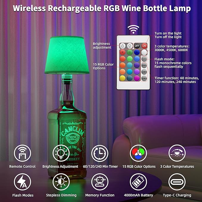 Wireless Wine Bottle Lamp Shade: Liquor Bottle Stopper Light with Remote Control Dimmable Cordless Portable Rechargeable Led Battery Operated Whiskey Bottle Lampshade for Bedside Bar Bedroom Decor