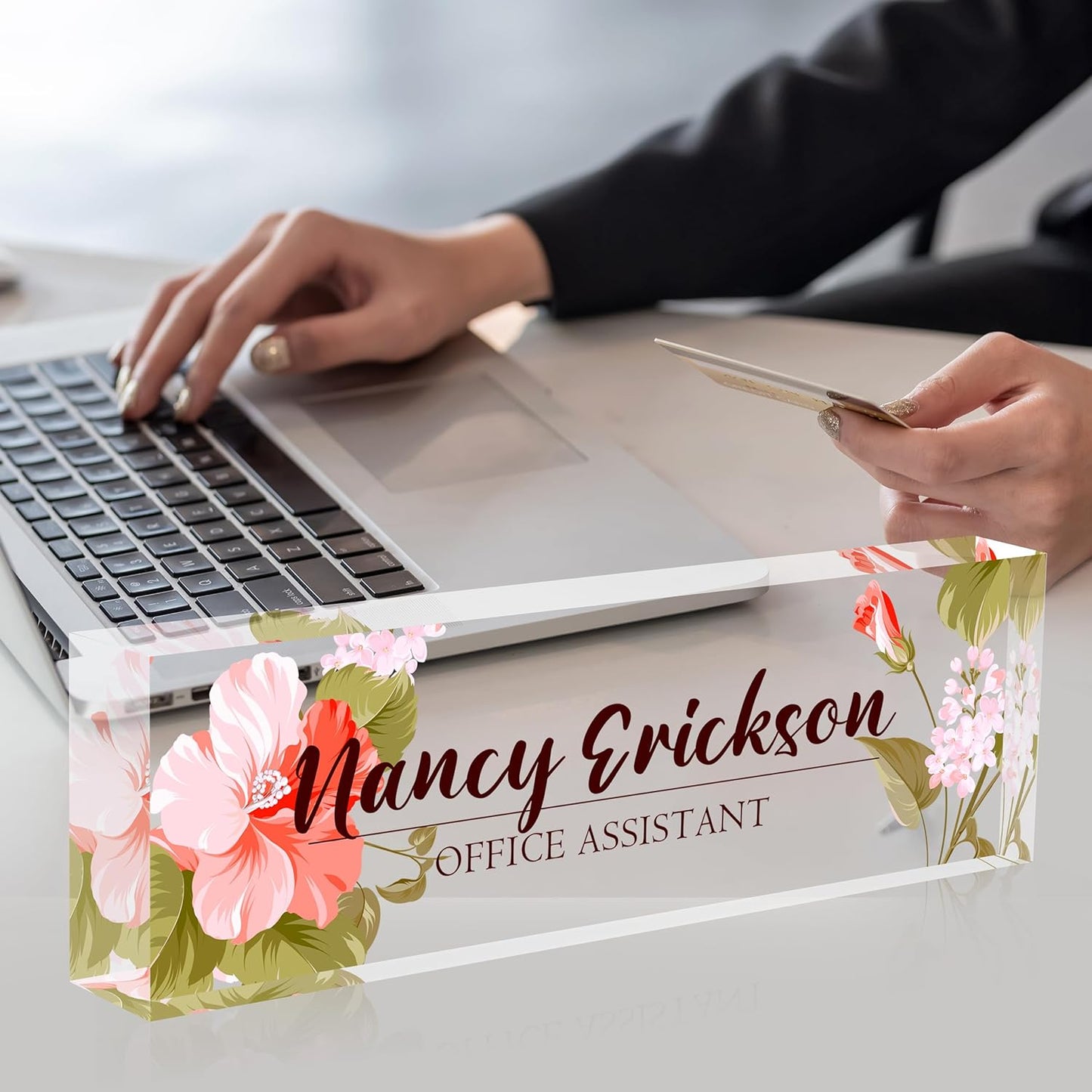 Acrylic Name Plate Personalized, Teacher Name Plates for Desks Classroom, Gifts for Teacher Boss Employee Appreciation Office Desk Decor (Pink Flowers)