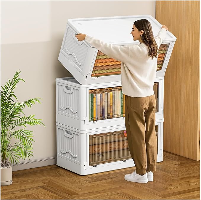 3 Tier Storage Bins with Lids 103QT - Stackable Storage Containers with Wheels, Folding Storage Boxes, Stackable Storage Bins, Closet Organizers and Storage for Living Room,Office