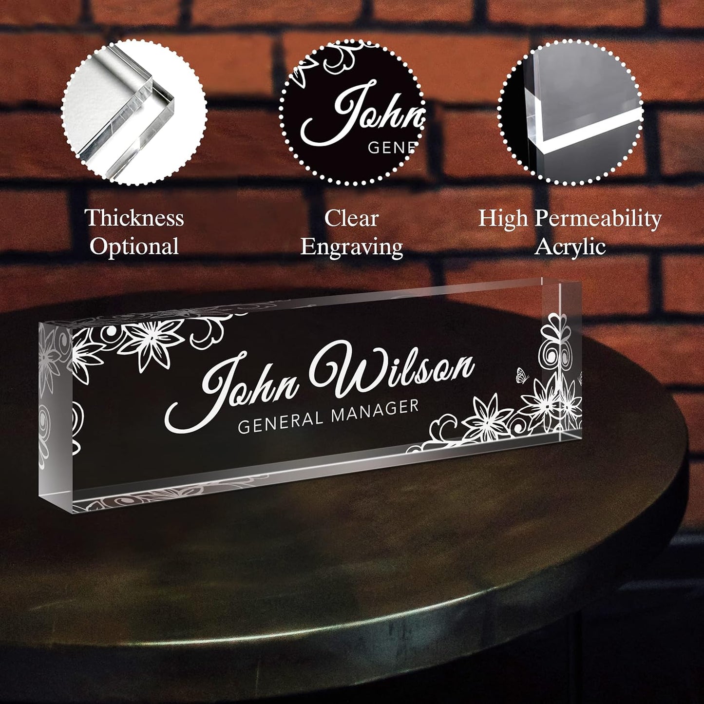 Name Plate for Desk, Premium Clear Plates Engraved Acrylic Desk Name Plate, Desk Name Plate Personalized, Custom Office Decor for Women or Men Coworkers, Boss, Employee, Teacher (Engraved 3)