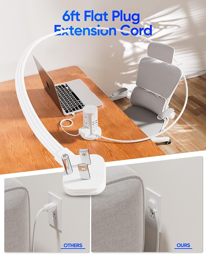 Power Strip Tower, kakyanill Surge Protector Tower 9 AC Outlets 8 USB (4 USB C), 6 Ft Retractable Extension Cord, Charging Station for Office Dorm Room, White