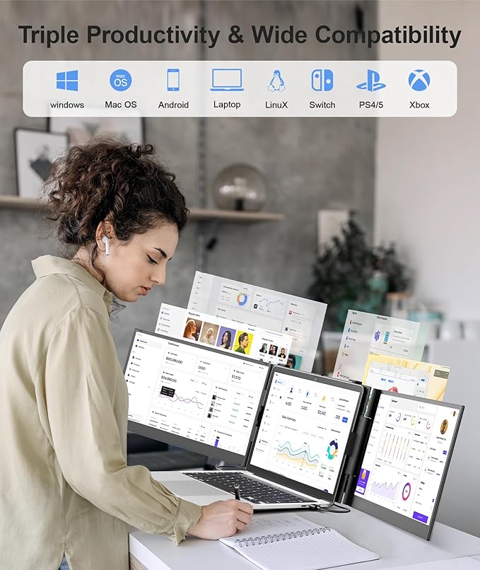 Laptop Screen Extender, Ultra-Thin 14" FHD 1080P Portable Monitor for Laptop, 2.2lbs Lightweight Triple Monitor Extender Plug & Play for 13"-17" Laptops, Compatible with Wins/Mac/Android/Chrome