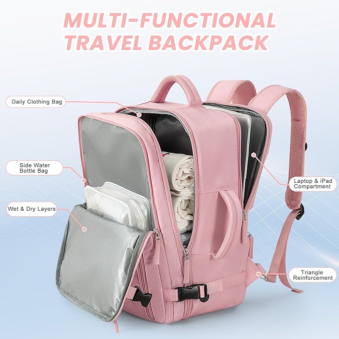 Beraliy Travel Backpack for Women, Airline Approved Bag, Carry On Waterproof Hiking Backpack, 16 inch Laptop Backpack, Overnight Bag, Pink