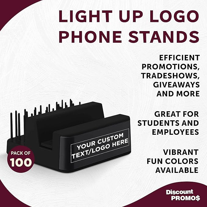 DISCOUNT PROMOS Custom Light Up Logo Phone Stands Set of 100, Personalized Bulk Pack - Essential Smartphone Accessory, Perfect for Office and Home - Black