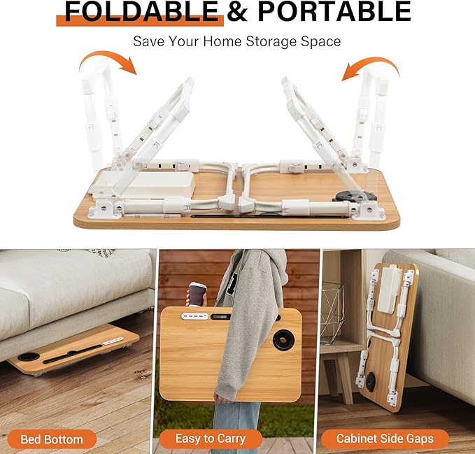 Laptop Bed Desk Height Adjustable, Bed Laptop Table with USB/Storage Drawer/Cup Holder/Tablet Stand/Book Shelf, Foldable Breakfast Tray Portable for Reading Writing, Bed, Sofa & Floor, Wood
