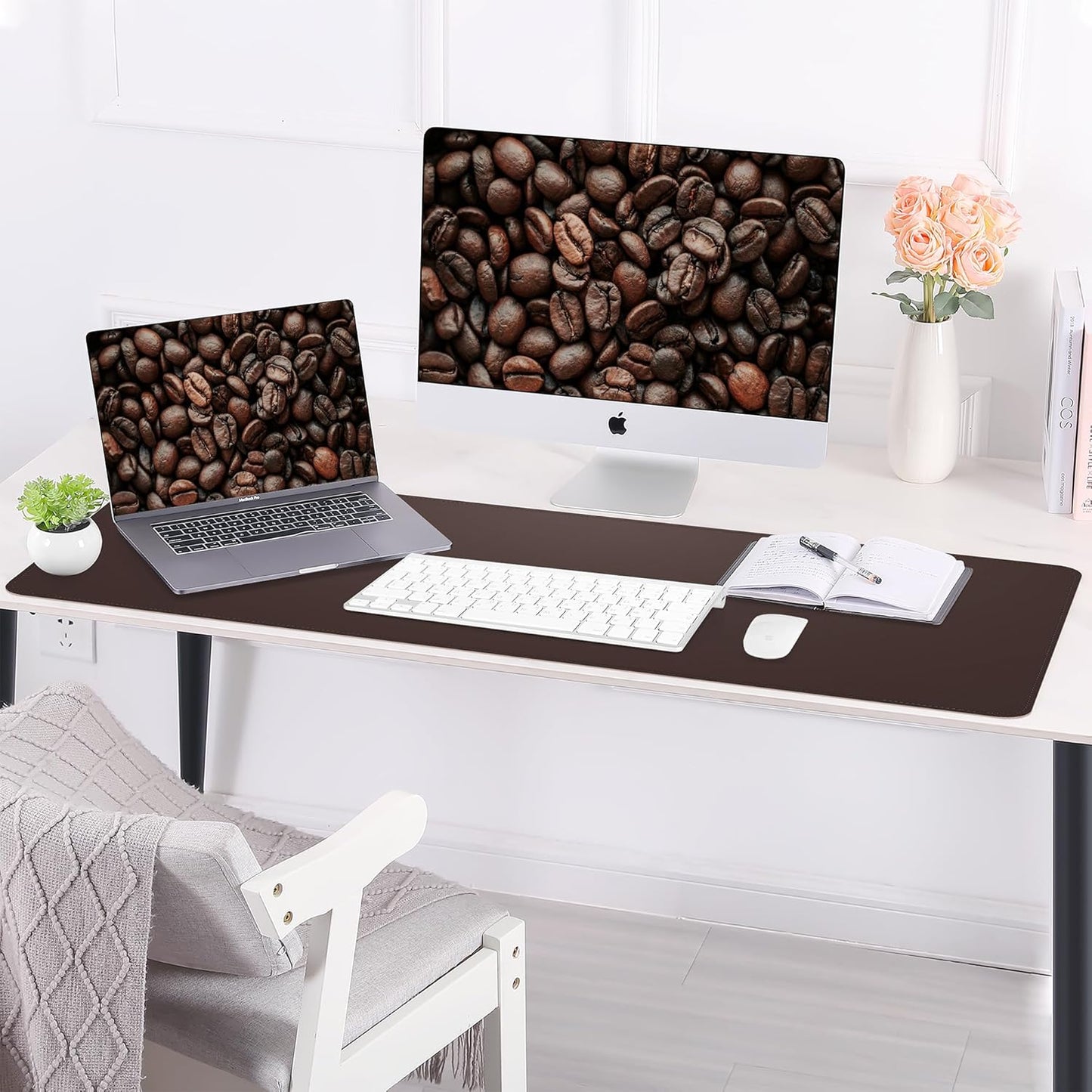 Leather Desk pad Protector, Large Desk mat with Natural Cork & PU Leather,Mouse pad,Non-Slip Office Desk Mat,Waterproof Desk Writing Pad for Office and Home (Coffee 31.5in*17in)