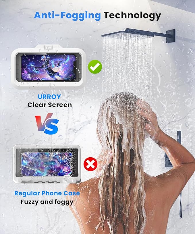 URROY Shower Phone Holder Waterproof One-Touch Open Shower Phone Case Anti-Fog & Sensitive Touchscreen Bathroom Wall Phone Mount Stand Universal Fit for iPhone & Smartphones Gift for Men Women White