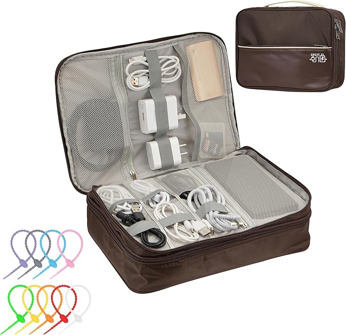 Electronics Accessories Organizer Bag, Waterproof Double Layer Travel Cable Organizer Case for Cords, Charger, Power Bank, Hard Drive, Mouse – Shockproof Tech Storage Pouch for Travel & Home(Brown)