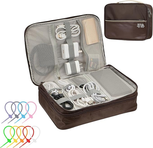 Electronics Accessories Organizer Bag, Waterproof Double Layer Travel Cable Organizer Case for Cords, Charger, Power Bank, Hard Drive, Mouse – Shockproof Tech Storage Pouch for Travel & Home(Brown)