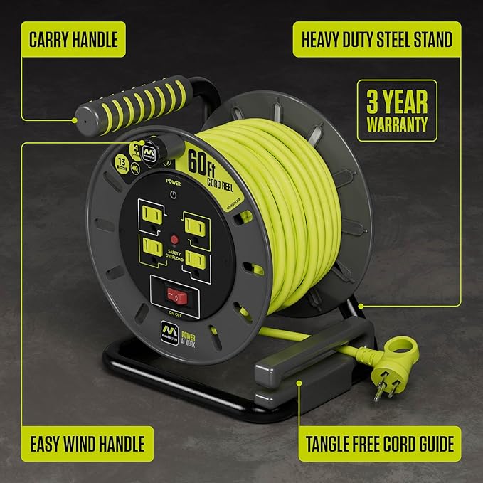 60ft Cord Reel, Retractable Extension Lead with Winding Handle, Safety Overload Circuit Breaker and Power Switch, 4X Grounded Outlets, 13amps, 14AWG Cable