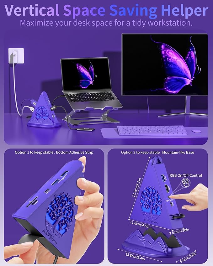 USB C Hub, 8-in-1 USB Hub with 4K@30Hz HDMI, 100W PD, 5Gbps USB-Ax3 & USB-Cx1, SD/TF Card Reader. RGB Gaming Hub, Dark Purple Desk Accessory for Women, Compatible with MacBook, XPS, Surface, etc.