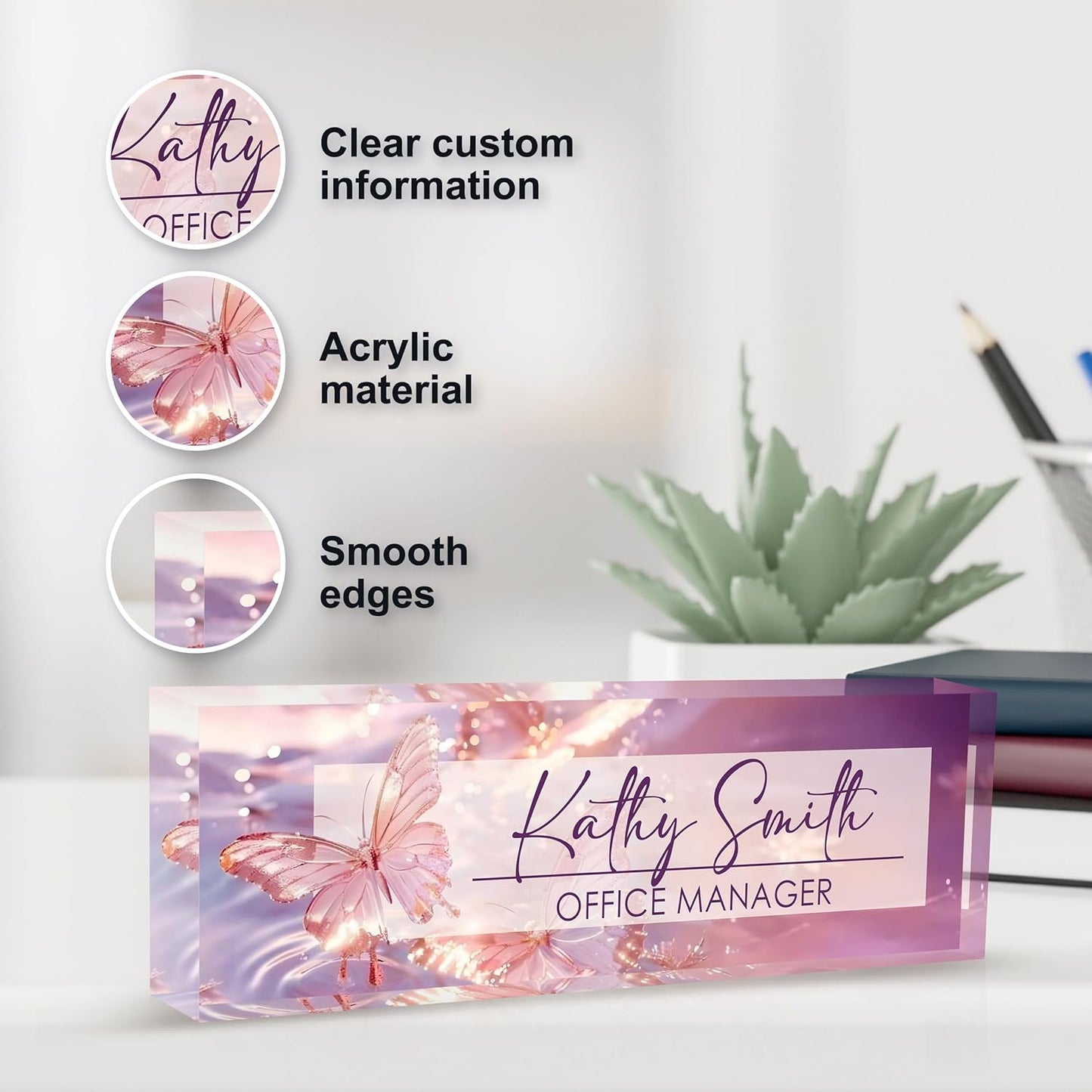 Personalized Name Plate for Desk, Custom Desk Name Plate, Acrylic Name Plate Office Desk Accessories, Personalized Office Gifts for Coworkers Teachers, Employee Appreciation Gifts (Purple Crystal)