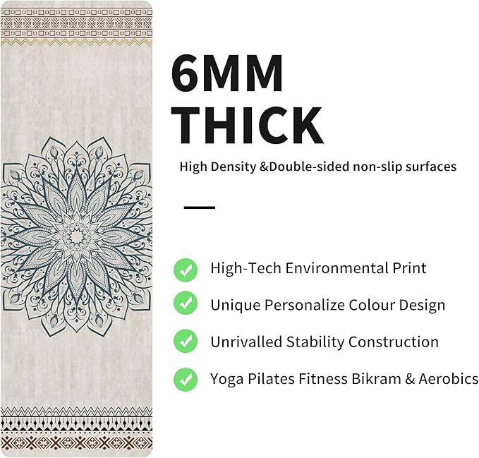 nuveti Yoga Mat Print Extra Thick TPE Non Slip Fitness Exercise Mat with Carrying Bag,72"x24" Extra Thick 6MM Exercise & Workout Mat for Yoga, Pilates Fitness and Floor Exercises