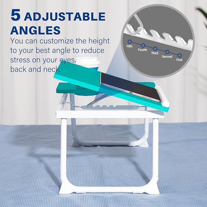 Laptop Desk for Bed Couch, Adjustable Foldable Bed Table with Cup Holder, Breakfast Serving Tray, Portable Laptop Lap Desk Stand for Working Reading Writing Eating Gaming (Blue)