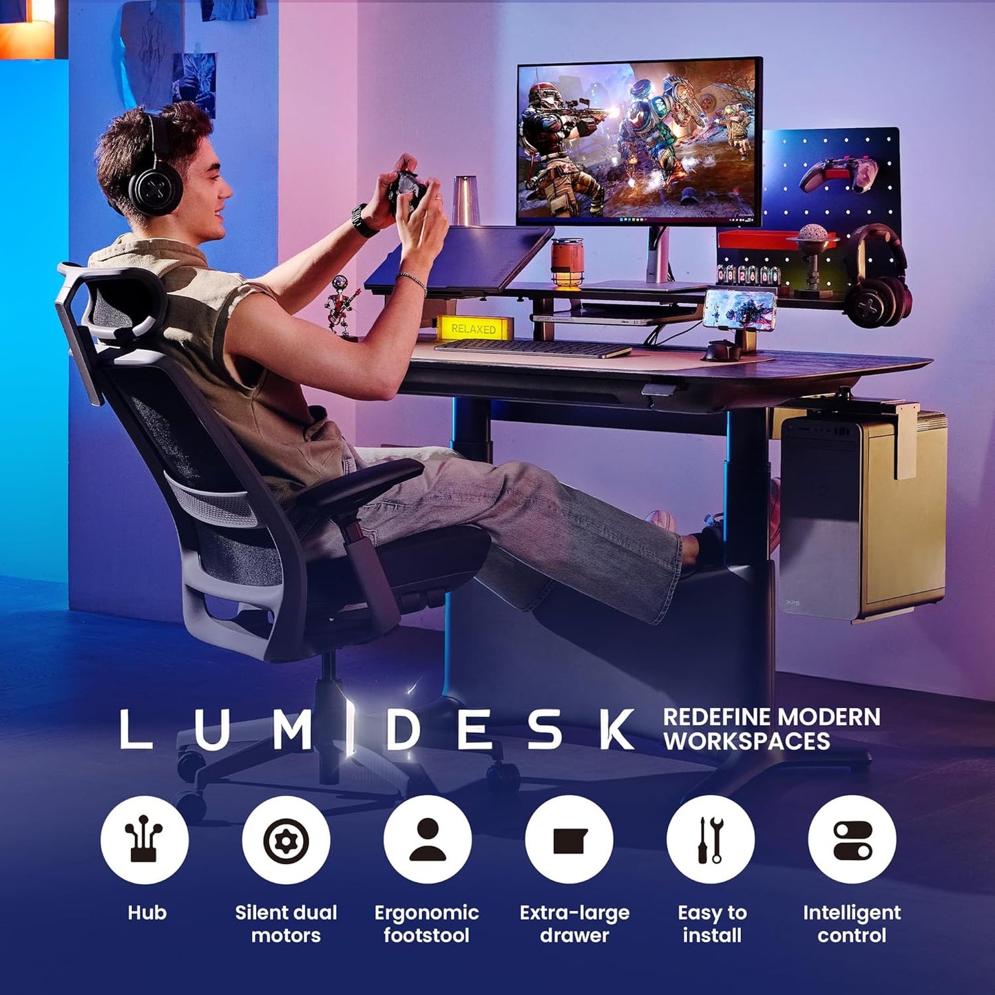 COLAMY Electric Standing Desk, Whole-Piece Gaming Desk with Dual Motors, Ergonomic Footrest, Drawers for Storage, Adjustable Height Sit-Stand Desk for Home Office (Veneer Desktop, Black Oak + White)