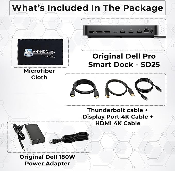Dell Pro Smart Dock SD25 Bundle - 10Gbps, 3 Year Warranty, Supports Dual/Triple Monitors & 4K Displays with 180W Power Supply, HDMI, DisplayPort, USB C Cable, Cloth - Dell Docking Station