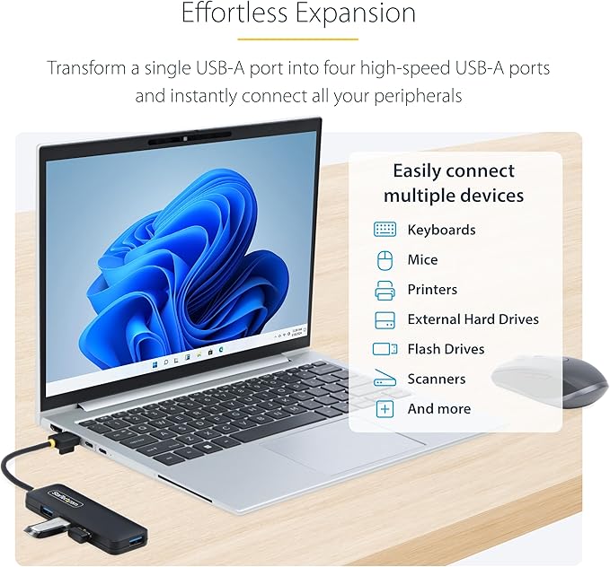 StarTech.com 4-Port USB-A Hub, USB 3.0 (5Gbps) Data Transfer, Bus Powered, Travel Mini Hub, Portable Multi-Port USB Splitter, Windows PC, MacBook, iMac, Chromebook, Surface and More