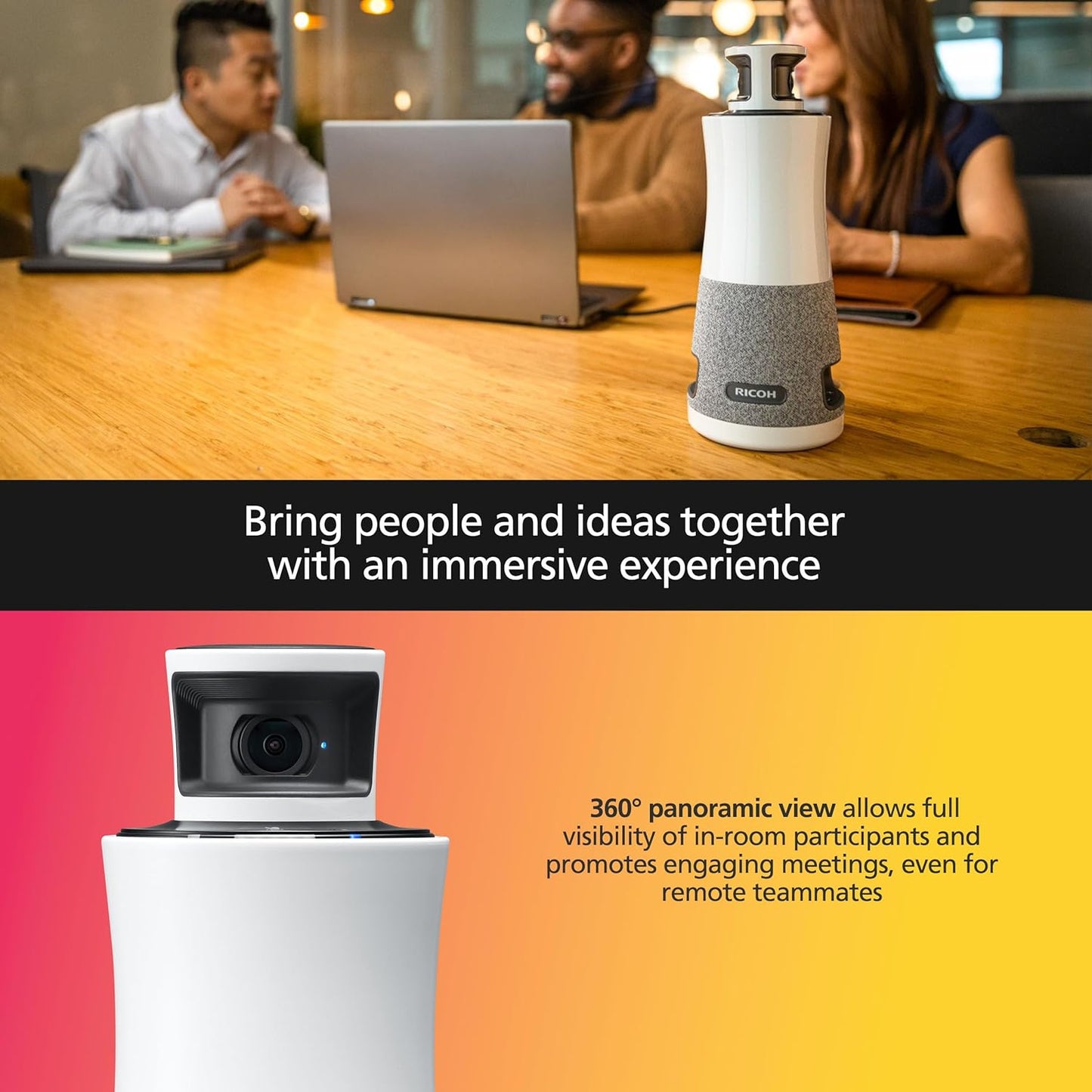 RICOH Meeting 360 | 360° Conference Room Camera - AI-Powered - Active Speaker Focus - Plug and Play - Zoom Certified - Works with Microsoft Teams, Google Meet, Cisco Webex